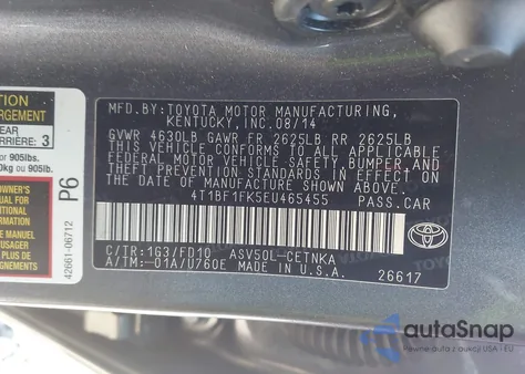 2014 Toyota Camry Le z USA, uszkodzony, nr VIN 4T1BF1FK5EU465455